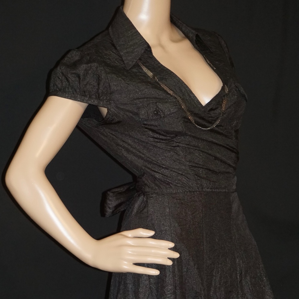 CERES - Crepe Black/Silver Metallic Capped Sleeve Wrap Dress - Size S/M